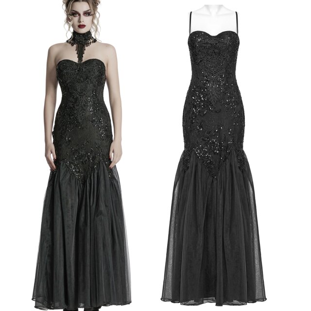 Märchenhaft düster: Das lange Punk Rave Korsagenkleid (WQ-859BK) in Meerjungfrauenlinie verführt mit Pailletten, Spitze, Rückenschnürung und ausladendem Tüllrock – Gothic-Glamour in Perfektion.