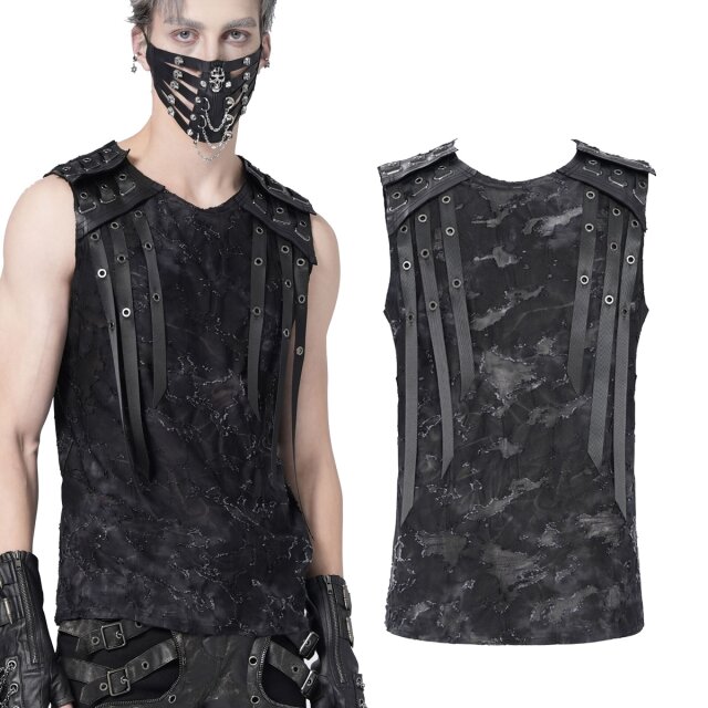 Devil Fashion Tanktop (TT292) im punkigen Distressed-Look mit Kunstlederriemen und langen dekorativen Bändern