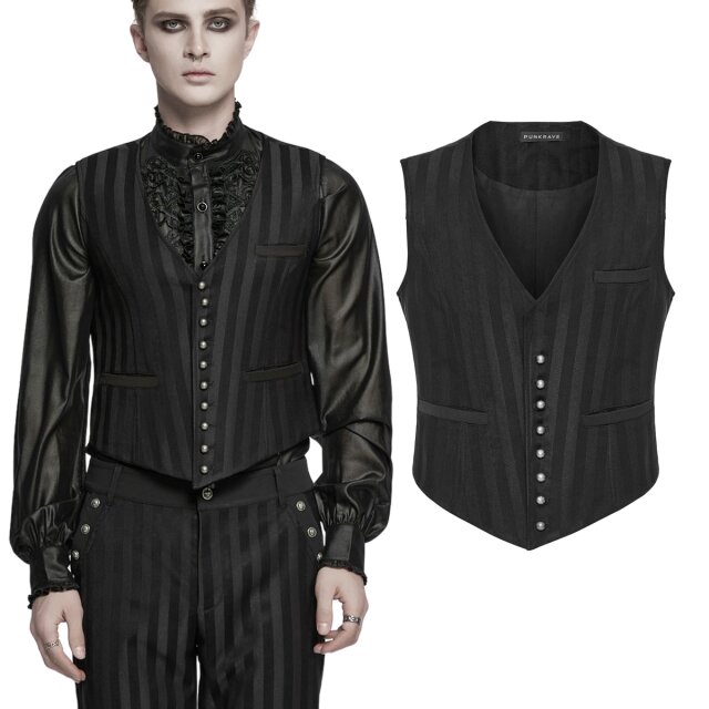 Klassische Steampunk-Herrenweste (Y-718BK) von PUNK RAVE im viktorianischen Stil: mit schwarzen Block-Streifen, für Gothic-Dandys & Steampunk-Gentlemen. Mit Fischgrät-Details & tailliertem Schnitt.