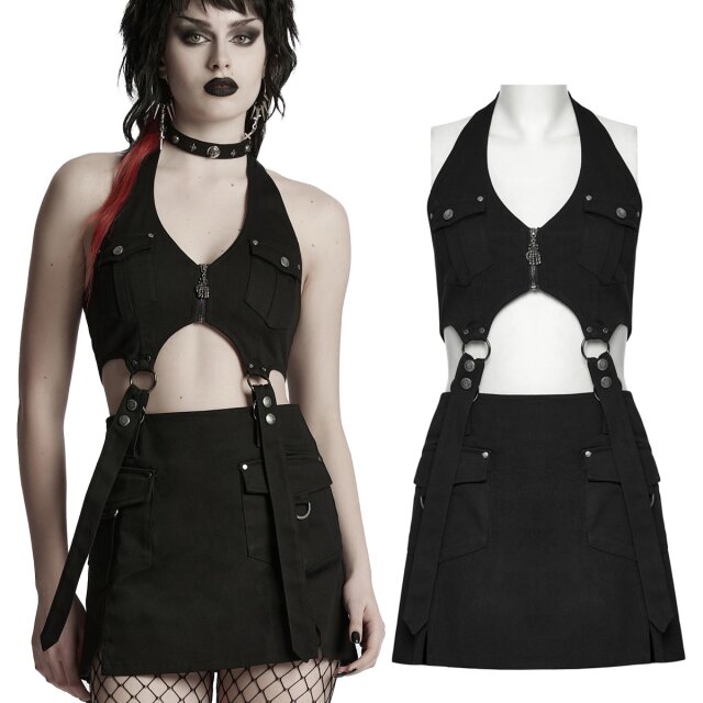 short halter top, mini skirt with pockets and D-rings, wearable together or separately