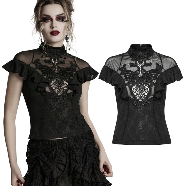 Dunkelromantisches Punk Rave Kurzarm-Shirt (WT-1004TDF) mit hohem Kragen, dezentem Rosenmuster, großem eleganten Spitzenornament, semi-transparenter Spitze und verspielten Rüschenärmeln