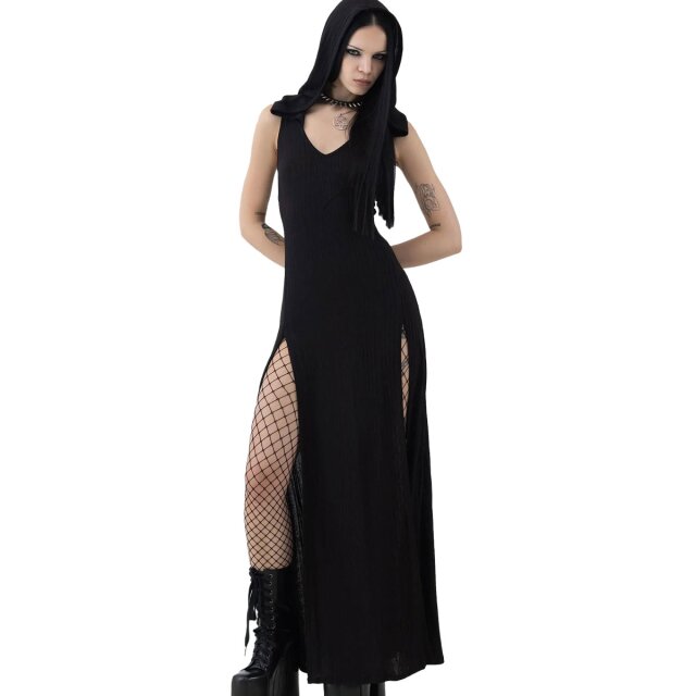 Long KILLSTAR Hexin Gothic Hoodie Dress (KSRA011059) with two long thigh-high slits, V-neckline, ribbed, soft, elastic fabric, and a stylish XXL hood