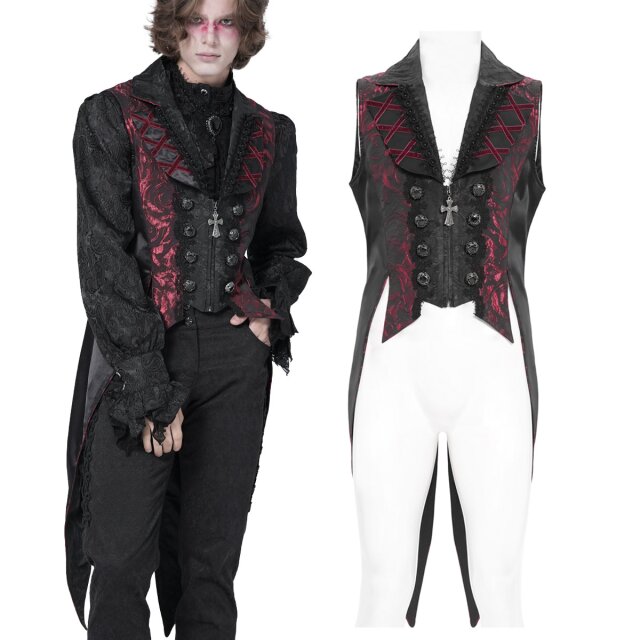 Viktorianisch, extravagant, düster: Die Herrenweste (WT095) von Devil Fashion vereint Frack-Elemente, Rosen-Jacquard und vampirhafte Eleganz in einem eindrucksvollen Gothic-Design.