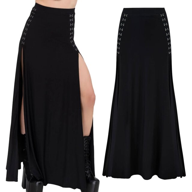 KILLSTAR Snarl Gothic Maxi Skirt (KSRA001983) made from soft, elastic jersey, featuring two long provocative thigh-high slits and hook fastenings with eyelets in gunmetal.