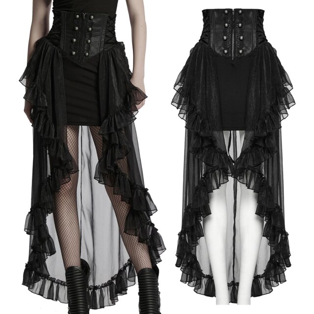 Düsterer Gothic-Rock mit Korsage, Chiffon-Schleppe und Volants – der PUNK RAVE Vokuhila-Rock (WQ-845BK) verführt mit dramatischer Silhouette und viktorianischem Flair.