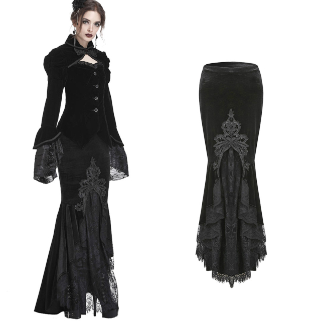 Long Gothic mermaid skirt Clair de Lune made of velvet with lace - size: XL