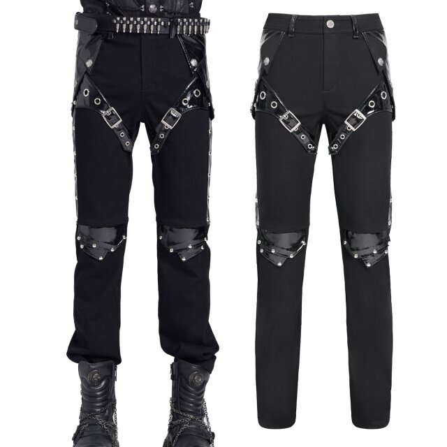 Tiefschwarze Gothic-Herrenjeans (PT274) mit futuristischen Lack-Applikationen, silbernen Nieten und rüstungsartigem Design – elastisch, figurbetont und kompromisslos düster.
