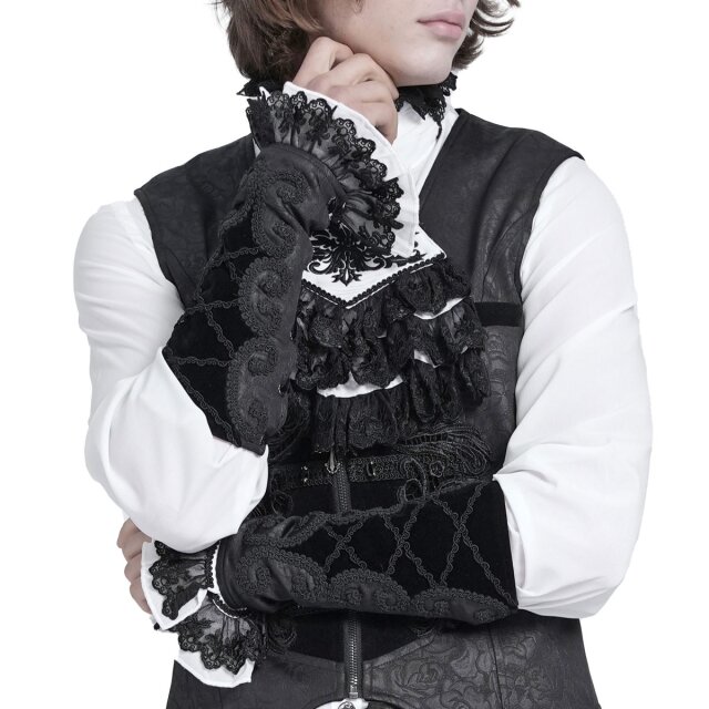 Dunkelromantische Gothic-Armstulpen (GE043) von Devil Fashion in Brokat-Optik mit Ornamentmuster, schwarzem Samteinsatz sowie mit auffälligen Zierborten und einer eleganten Samt-Schnürung