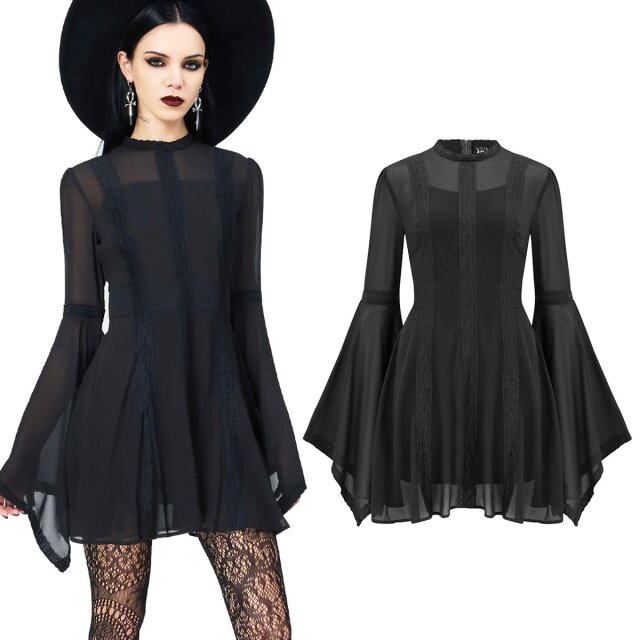 KILLSTAR Begone Langarm Gothic-Minikleid (KSRA013117) - zweiteilig, semi-transparent mit dunkelromantischen Spitzenapplikationen, eleganten Glockenärmeln und schwarzem Unterkleid