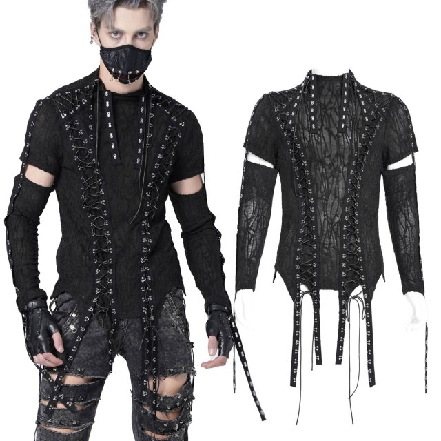 Zerfetzte Zukunft zum Anziehen: Langarm-Shirt im Wasteland-Look (TT294) von Devil Fashion. Ein schwarzes Shirt mit Schnürungen, Cut-Outs und Endzeit-Attitüde – für alle, denen düster noch nicht düster genug ist.