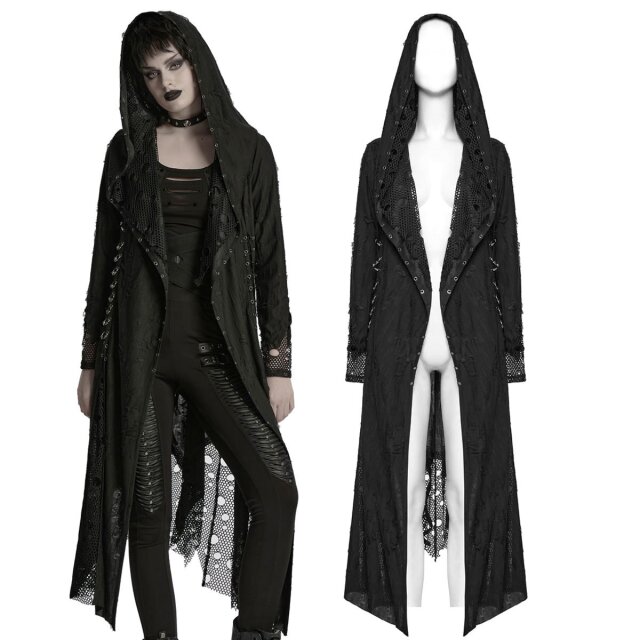 Zweilagiger Punk Rave Gotic-Fetzenmantel (WY-1713XCF) aus hauchfeinem, elastischen Strukturmaterial mit Rissen, gefüttert mit grobem Netz in Distressed-Optik, XXL-Kapuze, punkigen Sicherheitsnadeln und Piercing-Applikationen im Postapokalypse-Look