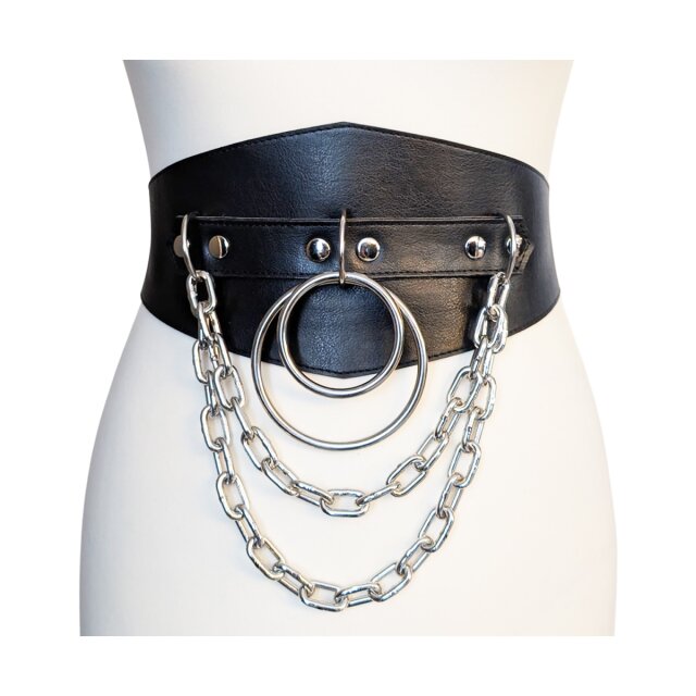 Breiter Unisex-Taillen-Gürtel aus schwarzem, veganem Leder mit zweireihiger Ketten, doppeltem O-Ring und D-Ring. Auffälliger Gothic-Look mit funktionaler Rückseite – in drei Größen erhältlich.