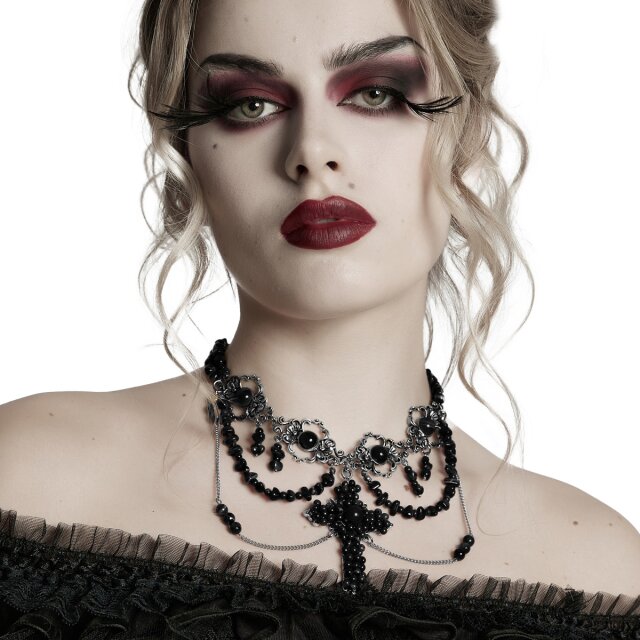 Dark romantic, opulent Punk Rave necklace (WS-781LHF) featuring a large pearl-encrusted cross, elegant silver-toned baroque ornaments, and delicate chains adorned with black pearls
