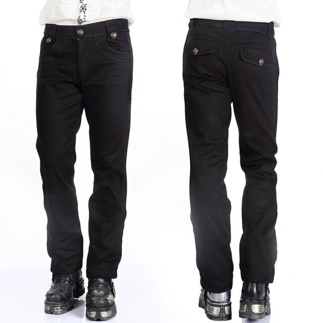 Gothic-Hose (P050091) mit elegantem Uniform-Touch: glänzende Paspeln, Knöpfe mit Fantasiewappen in Altgold und strukturierter Boot-Cut – für Disziplinierte der Dunkelheit mit Stil