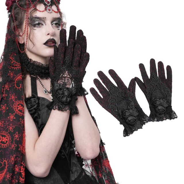 Zart-düster in rot-schwarz oder sündig-schwarz: Eva Lady Spitzenhandschuhe (EGE003 &  EGE004) mit 3D-Rosen und Spitzenornament in zwei edlen Varianten – für Gothic-Looks zwischen viktorianischer Opulenz und verführerischer Sinnlichkeit