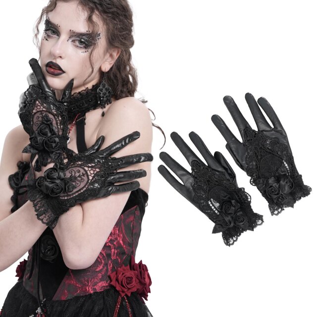 Delicately Dark in Red and Black or Sinfully Black: Eva Lady Lace Gloves (EGE003 & EGE004) featuring 3D roses and lace ornamentation in two elegant variants — perfect for gothic looks blending Victorian opulence with seductive sensuality
