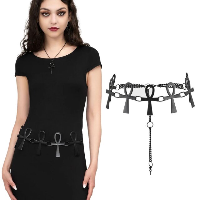 KILLSTAR Ankh-Belt Hüftgürtel (KSRA012905) mit Ankh-Symbolen in mattem Schwarz und Kettenverschluss