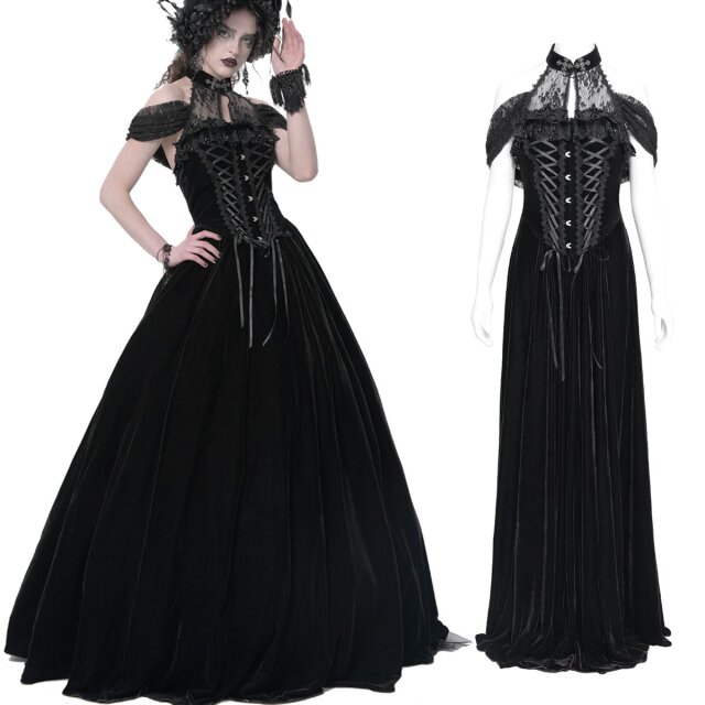 Dunkelromantisches Eva Lady Samtkleid (ESKT058) für Gothic-Ladies mit Stil: verführerische Korsagen-Optik, Stehkragen, opulente Spitze und ein dramatischer Rockteil – perfekt für schwarze Hochzeiten und Vampir-Bälle.