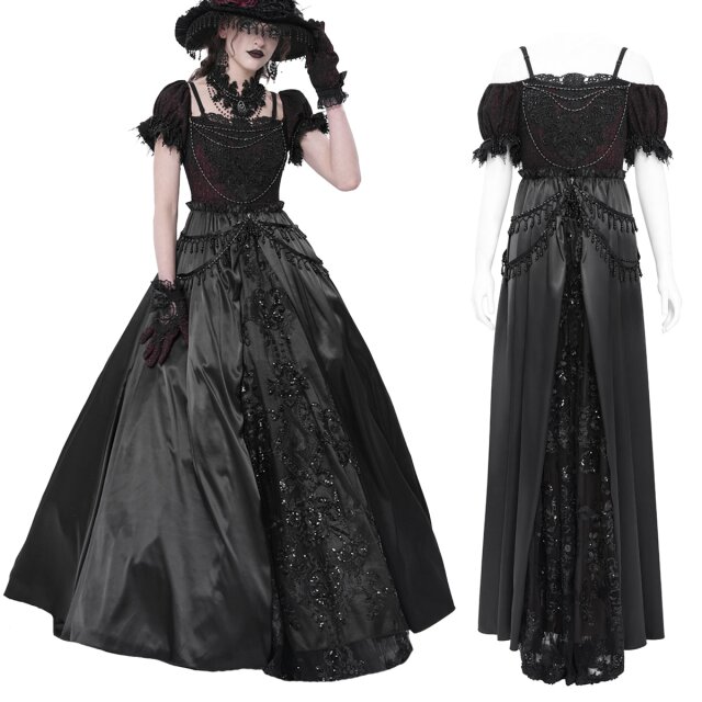 Majestically dark: The Eva Lady dress (ESKT05701) combines deep black elegance with blood-red shimmer and intricate lace details — perfect for performances filled with dark drama