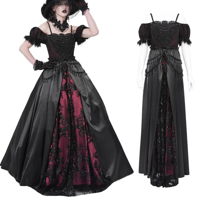 Rosenrot trifft Schwarzromantik: Ein prachtvolles Gothic-Kleid (ESKT05702) von Eva Lady mit blutroten Akzenten, glitzernder Spitze und düsterem Flair – für geheimnisvolle Auftritte mit Tiefe.