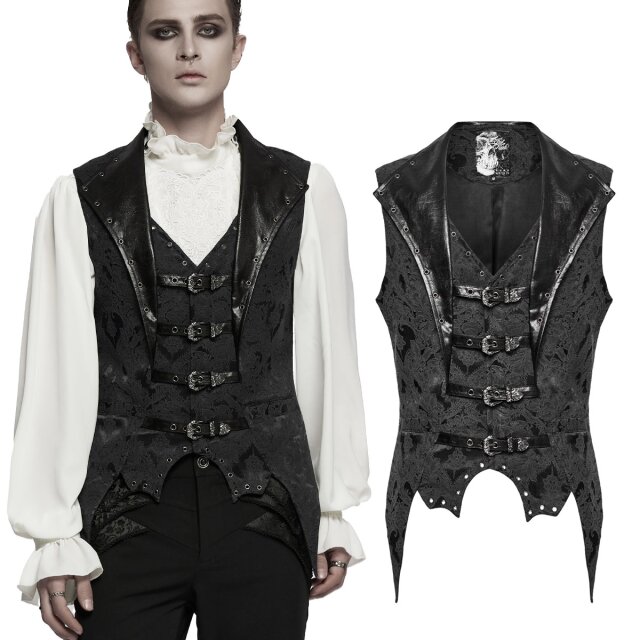 PUNK RAVE Brokatweste – edle Victorian-Goth Herrenweste (WY-1765BK) aus Jacquard mit Kunstleder-Revers & Fledermausflügel-Saum. Barocke Eleganz trifft düsteren Charme.