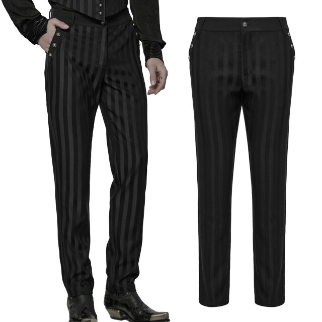 Elegante Gothic-Hose (WK-723BK) mit breiten schwarzen Blockstreifen und barocken Nieten von PUNK RAVE. Perfekt für viktorianische Gothic- und Steampunk-Looks. Größen S–5XL.