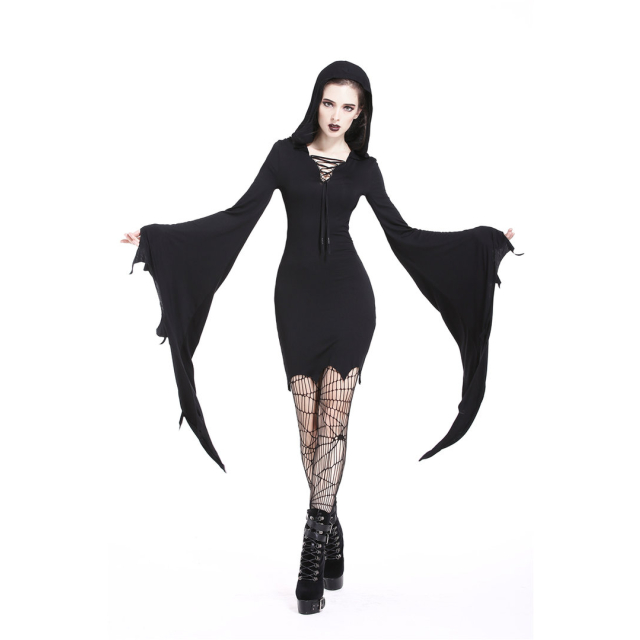 Bat mini dress Erdely with hood and very long sleeves