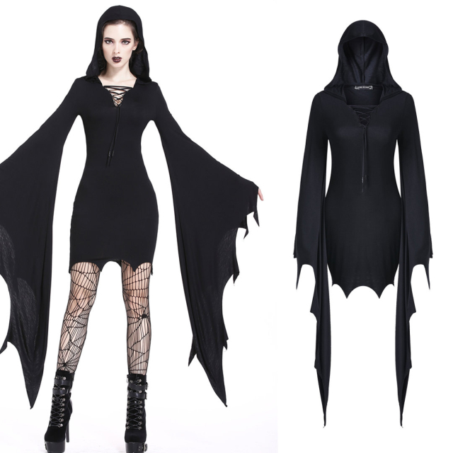 DARK IN LOVE DW202 schwarzes Jersey Minikleid mit Kapuze. Alternative Damen Gothic & Steampunk Kleidung