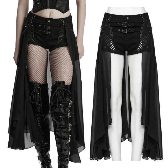 Twopiece women’s hot with removable chiffon half-skirt (WK-710XDF) featuring mesh panels and distressed holes, faux leather appliqués, spike studs, and punk skull buttons.