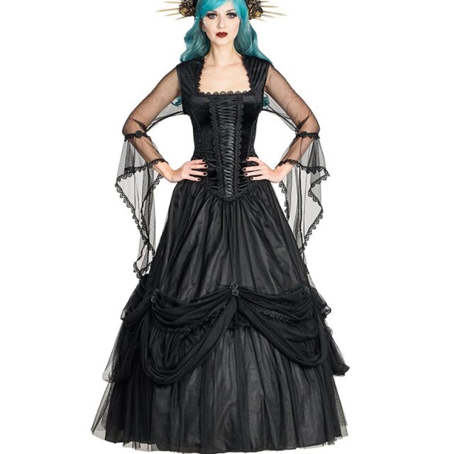 Langes schwarzes Victorian-Goth (1276BLA) Kleid aus Samt...