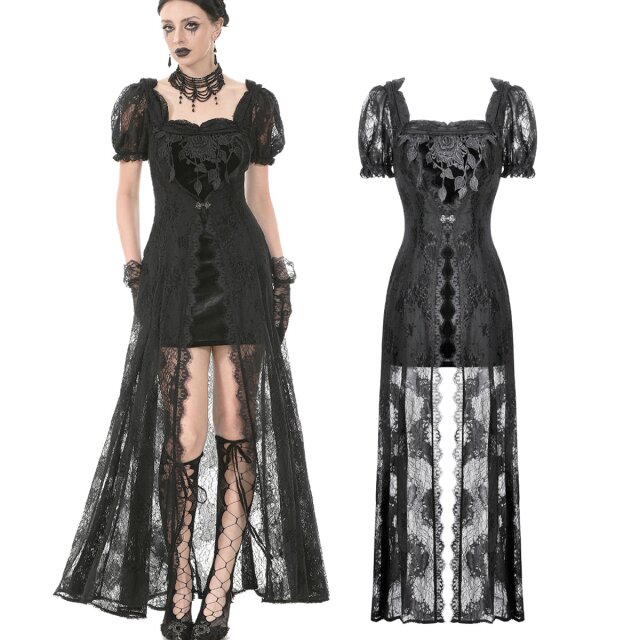 Dunkelromantisches Gothic Spitzenkleid von Dark in Love (DW998) in Lagenoptik mit Samt-Minikleid und transparentem Spitzenmantel, barockem Hakenverschluss und Vokuhila-Optik.