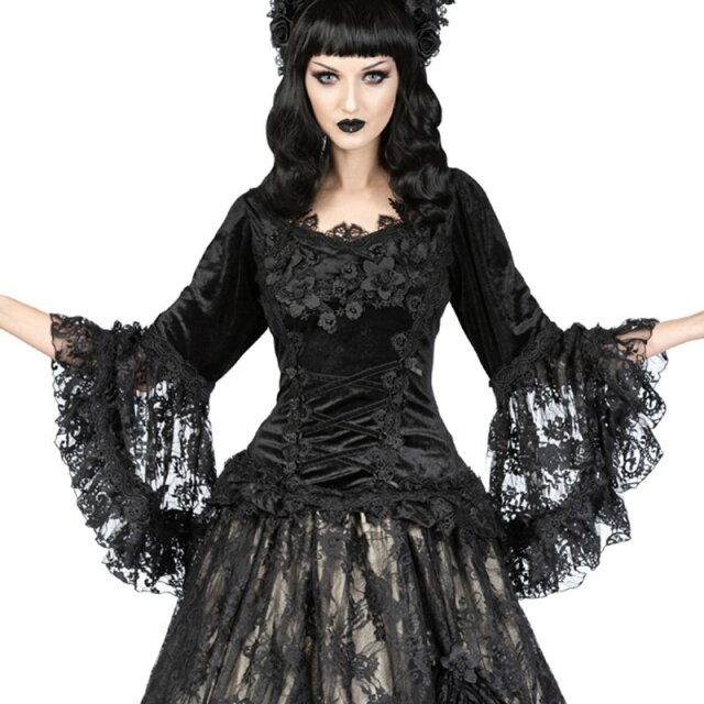 Victorian-Goth Samt-Shirt Empire of Thorns mit Blüten 6XL