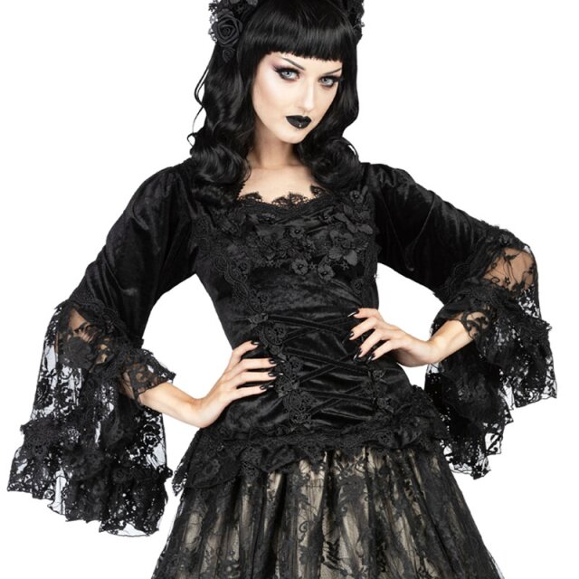 Victorian-Goth Samt-Shirt Empire of Thorns mit Blüten M