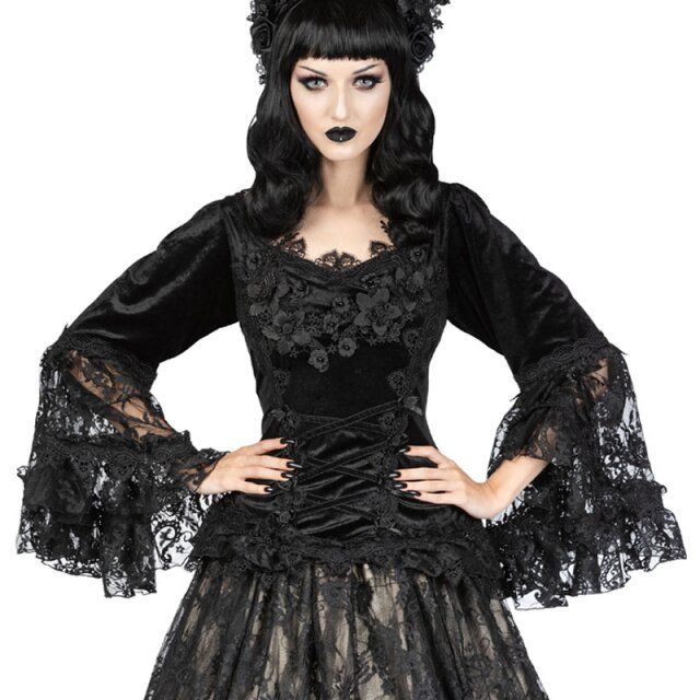 Victorian-Goth Samt-Shirt Empire of Thorns mit Blüten XXL