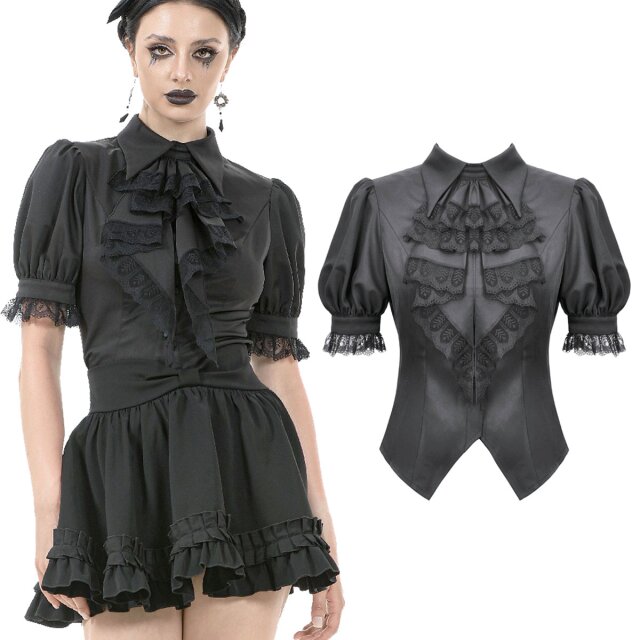 Figurnahe schwarze Gothic-Bluse (IW126) von Dark In Love mit Puffärmeln, Spitzendetails und abnehmbarem Jabot. Vielseitig kombinierbar für Alltag, Büro oder Festivalnächte.