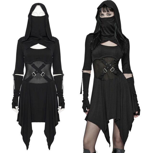 Dark PUNK RAVE tech-wear dress (WQ-902BK) in a hanky hem...