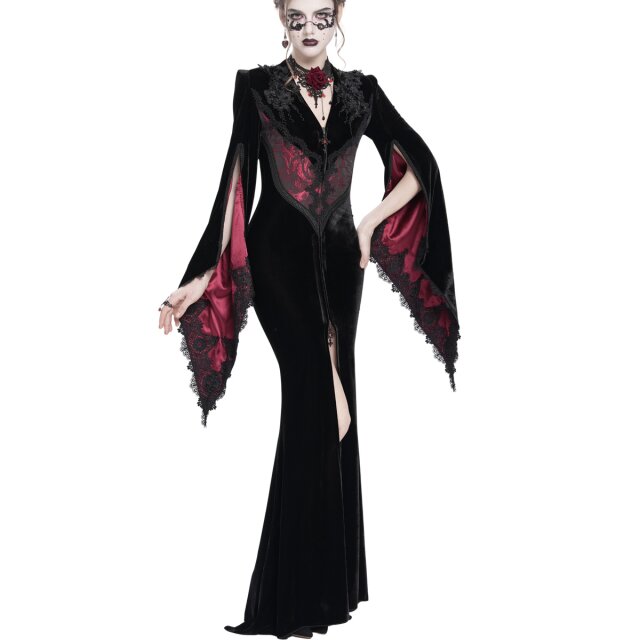 Gothic-Kleidmantel Candlelight Widow im Morticia-Stil schwarz-rot-XS