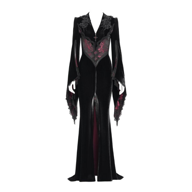 Gothic-Kleidmantel Candlelight Widow im Morticia-Stil schwarz-rot-XS