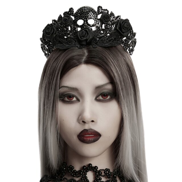 Gothic diadem crown (WS-843) made of silver-coloured alloy with skull, black rhinestones, lace and satin roses – a majestic gothic accessory.