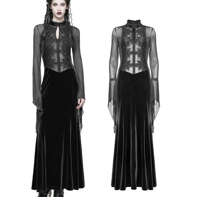 Langes Gothic-Kleid aus Samt (WQ-874BK) mit transparentem...