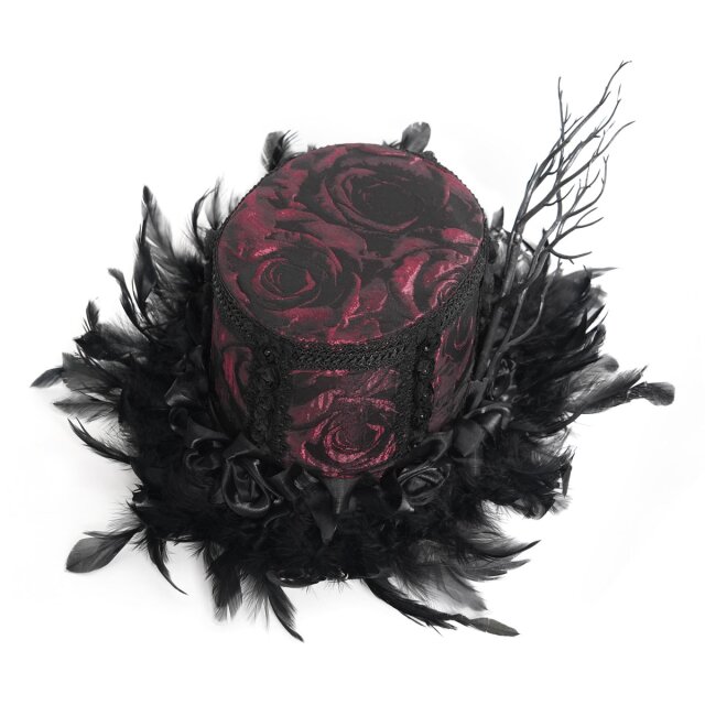 Rot-schwarzer Gothic-Zylinder Cabaret Queen mit Federn XS-M