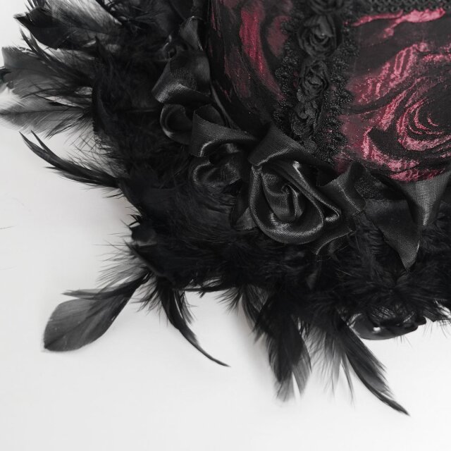 Rot-schwarzer Gothic-Zylinder Cabaret Queen mit Federn XS-M