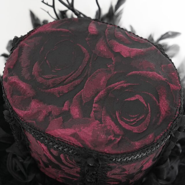 Rot-schwarzer Gothic-Zylinder Cabaret Queen mit Federn XS-M