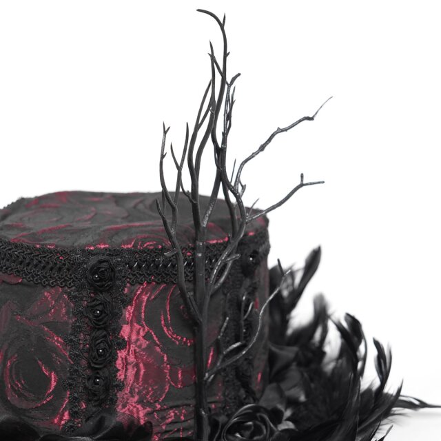 Rot-schwarzer Gothic-Zylinder Cabaret Queen mit Federn XS-M