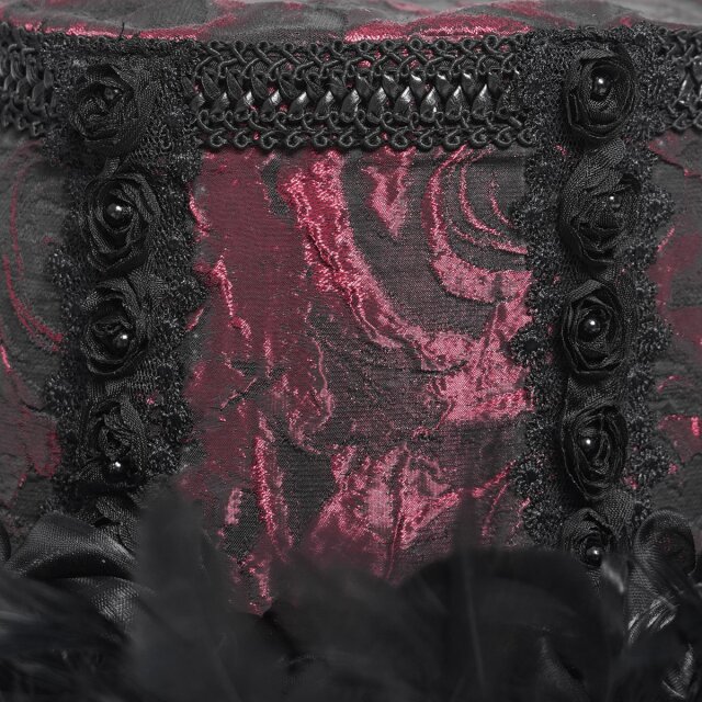 Rot-schwarzer Gothic-Zylinder Cabaret Queen mit Federn XS-M