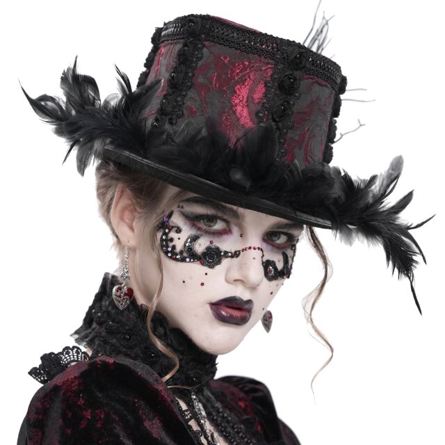 Rot-schwarzer Gothic-Zylinder Cabaret Queen mit Federn XS-M