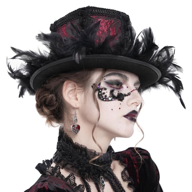 Rot-schwarzer Gothic-Zylinder Cabaret Queen mit Federn XS-M