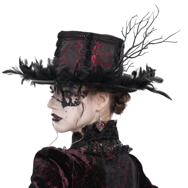 Rot-schwarzer Gothic-Zylinder Cabaret Queen mit Federn XS-M