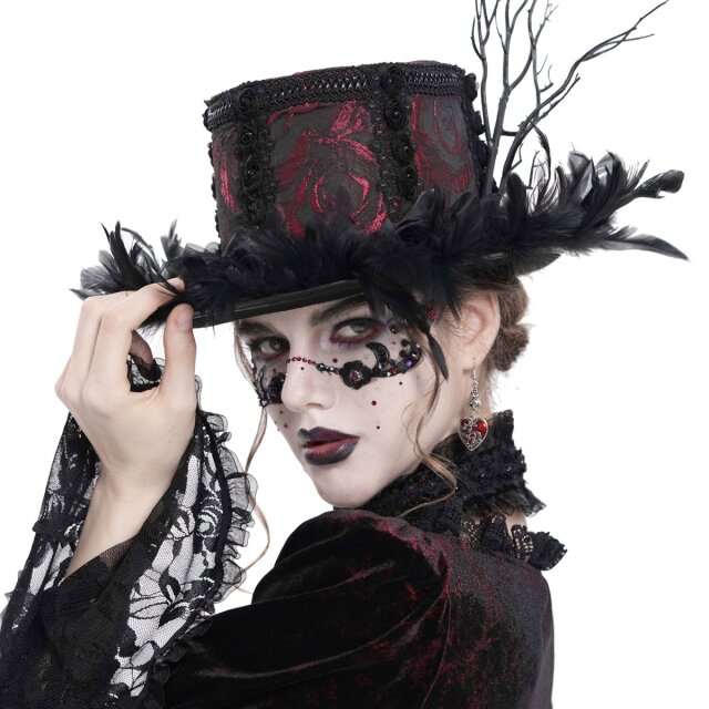 Rot-schwarzer Gothic-Zylinder Cabaret Queen mit Federn XS-M