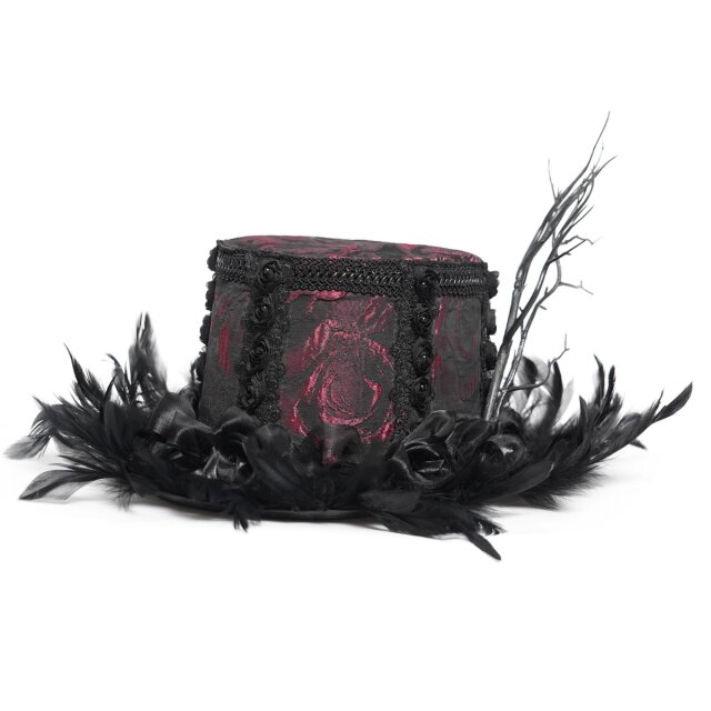Rot-schwarzer Gothic-Zylinder Cabaret Queen mit Federn XS-M